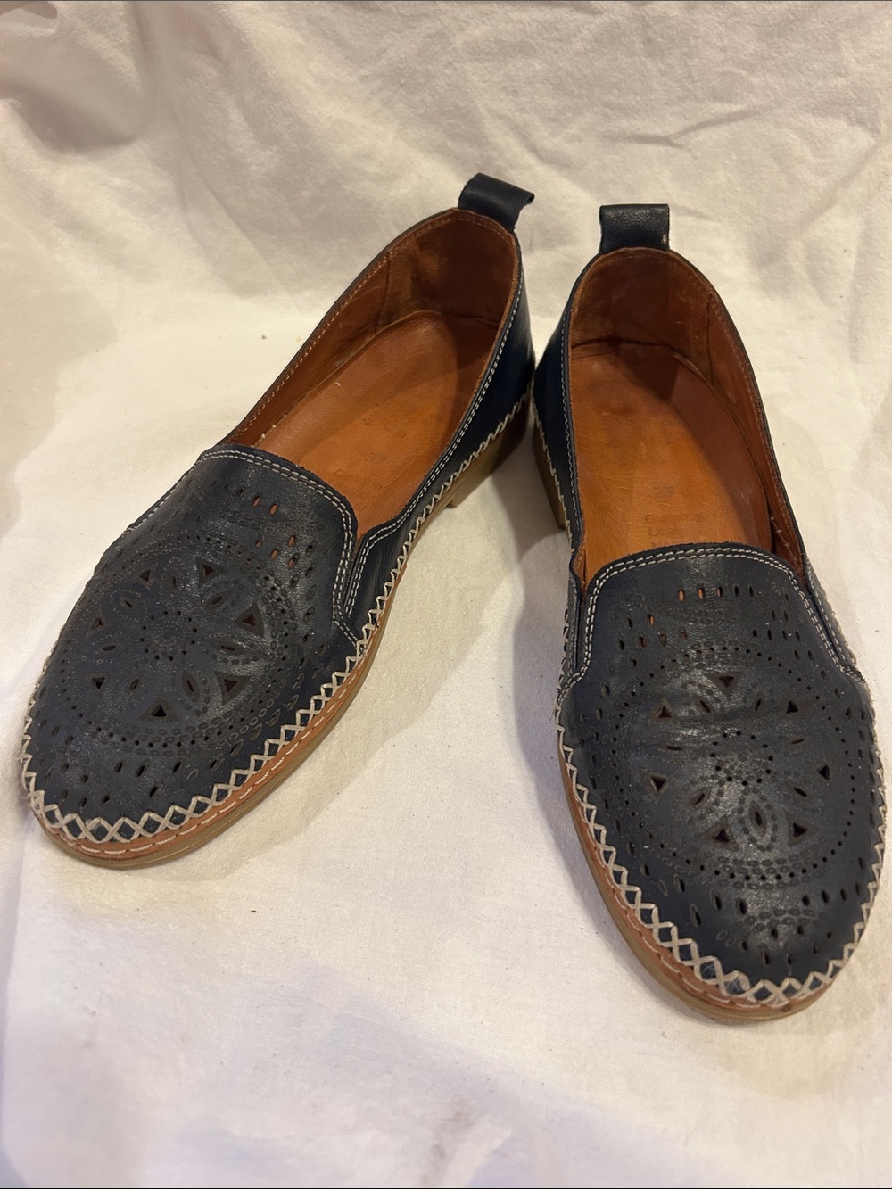 Spring Step Ingrid Navy Blue Slip On Leather Loafers Flats Size 37 Boho Nautical